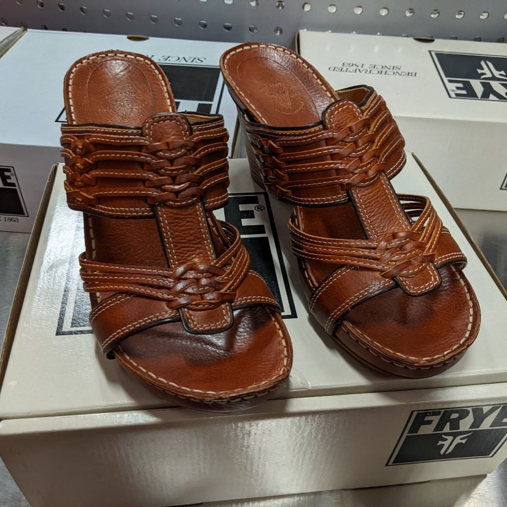 Frye Heeled Sandal Wedges - Audrey Strappy Slide - Brown Sugar